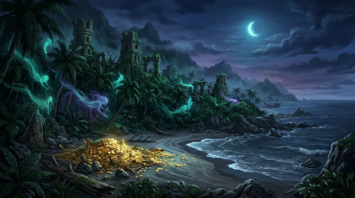 A haunted tropical island at night, ghosts drifting through the jungle above a pile of gold coins